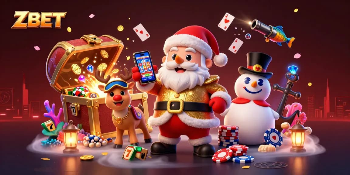 ZBET offers exciting jackpot slots, where a cheerful Santa and friends celebrate winnings in a vibrant 3D scene.