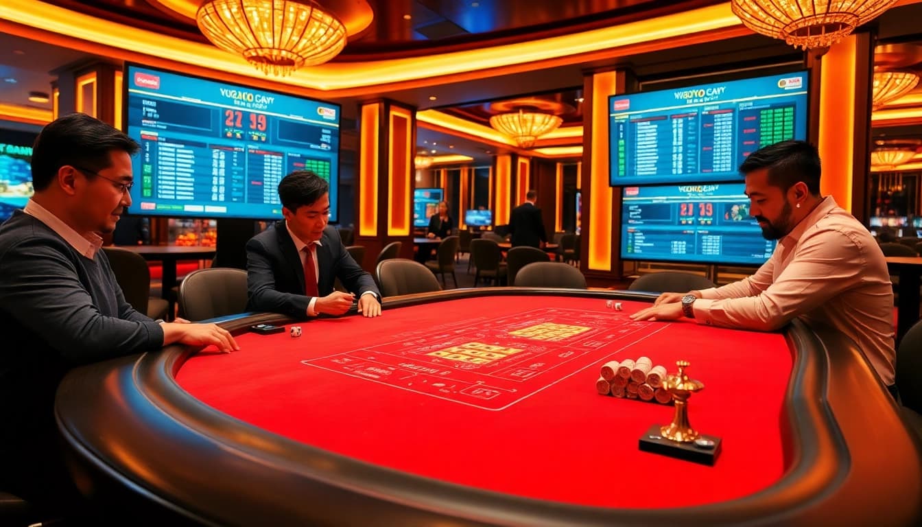 Xóc đĩa online action with players and dynamic betting scenes in a luxurious casino setting.