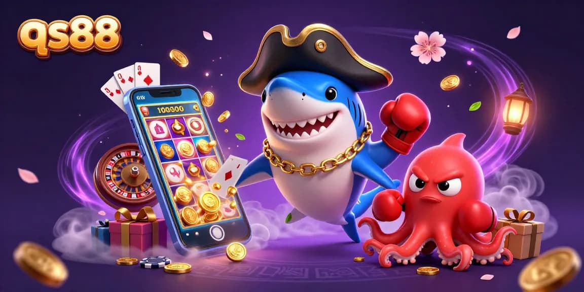 Experience qs88 online gaming with a playful pirate shark and friends amid dynamic casino elements.