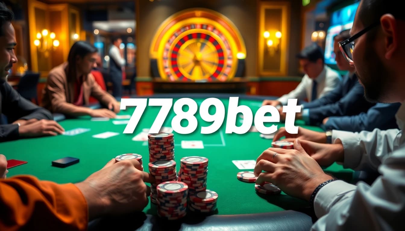 Experience intense gameplay at 789bet with players at a professional poker table amidst a luxurious casino atmosphere.