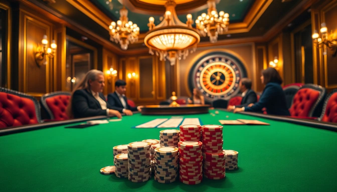 Experience the thrill of F168 with vibrant poker chips, illuminated casino tables, and engaged players.