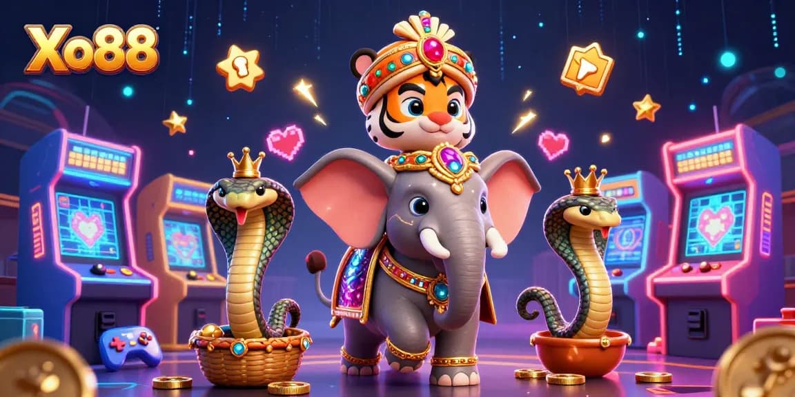 Xo88 brings excitement with a maharaja tiger, jewel elephant, and gaming elements in a vibrant scene.