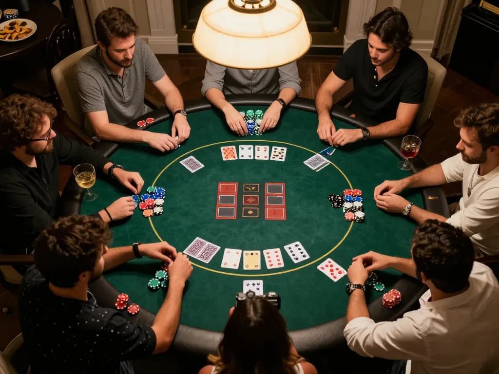 Players engage in a spirited poker game at home, highlighting the vibrant atmosphere of nhà cái 13WIN