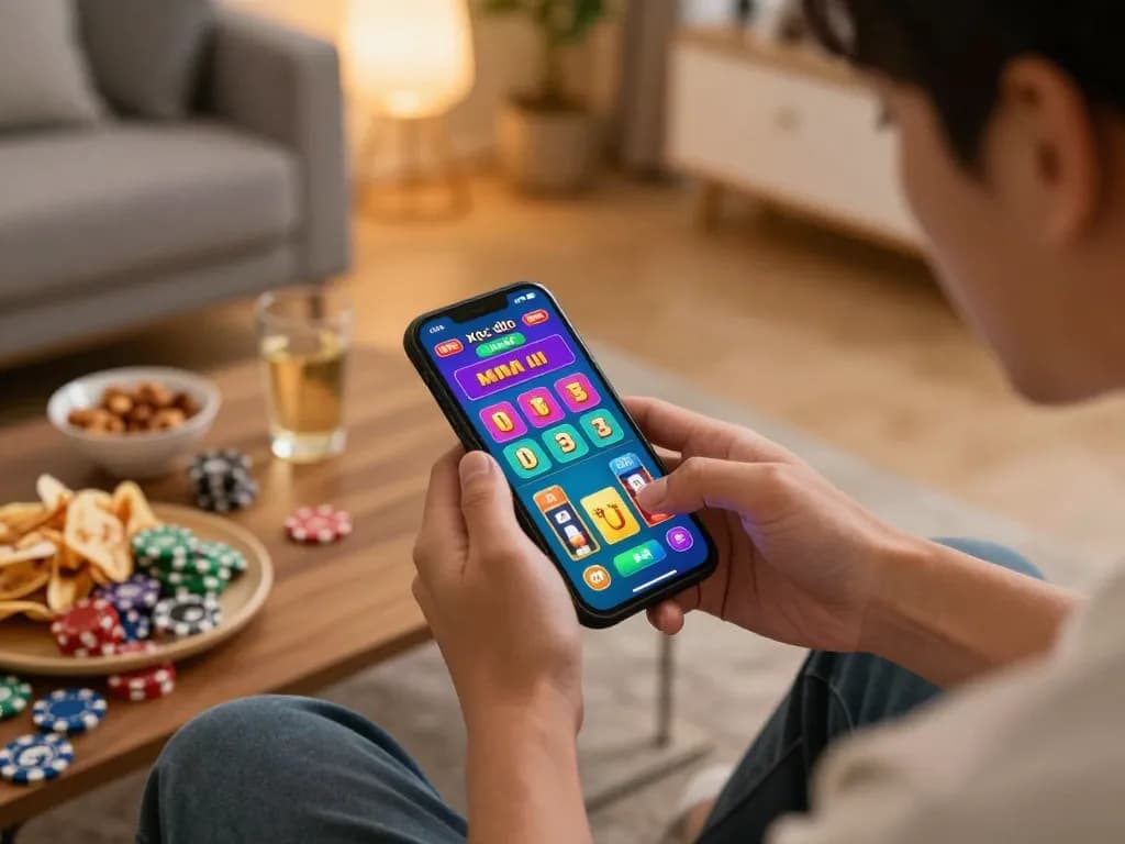 Player engaging with xóc đĩa on smartphone during a relaxed home gaming session.