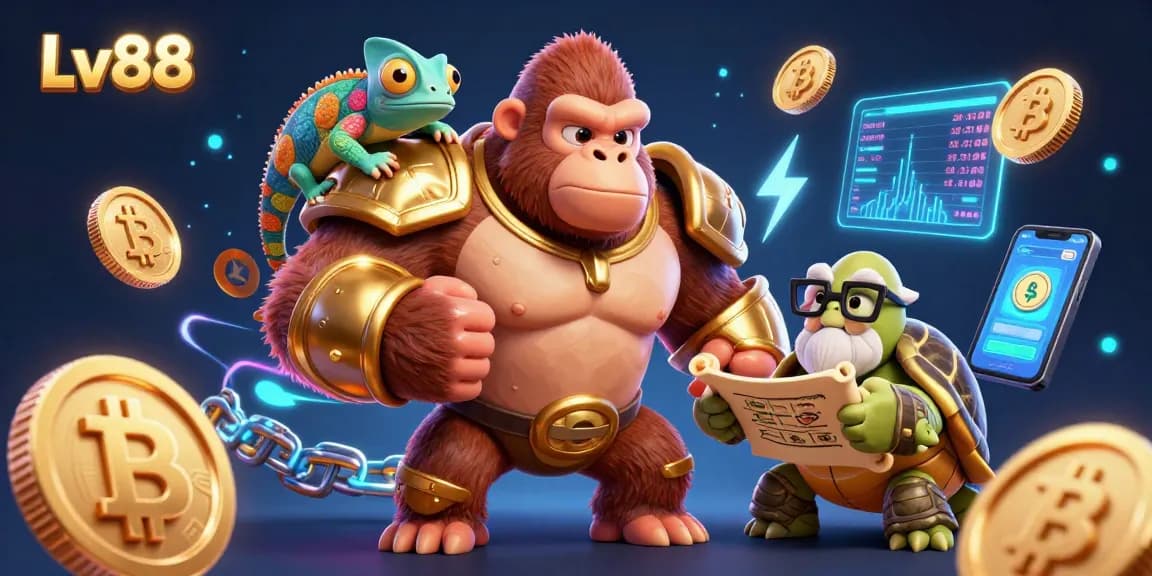 Join the thrills of Lv88 with vibrant 3D characters and shining cryptocurrency elements in a dynamic casino setting.