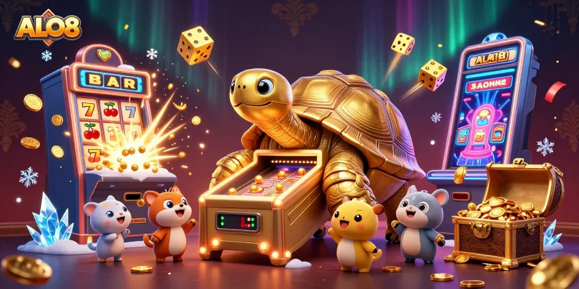 Join the fun at ALO8, where a golden tortoise and lively slot machines create a vibrant gaming atmosphere!