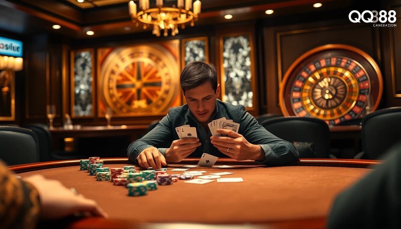 Experience the thrill of QQ88 at a luxurious poker table with vibrant chips and cards.