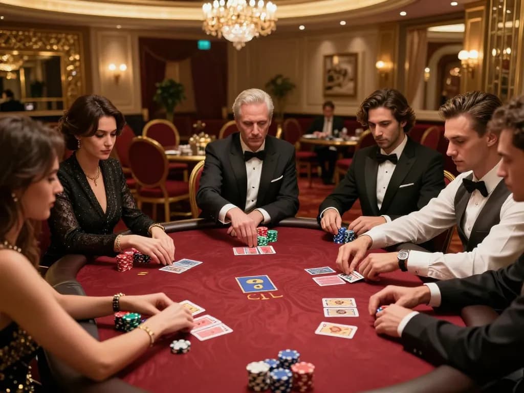 Fabet poker players strategizing with cards and chips in an upscale casino setting