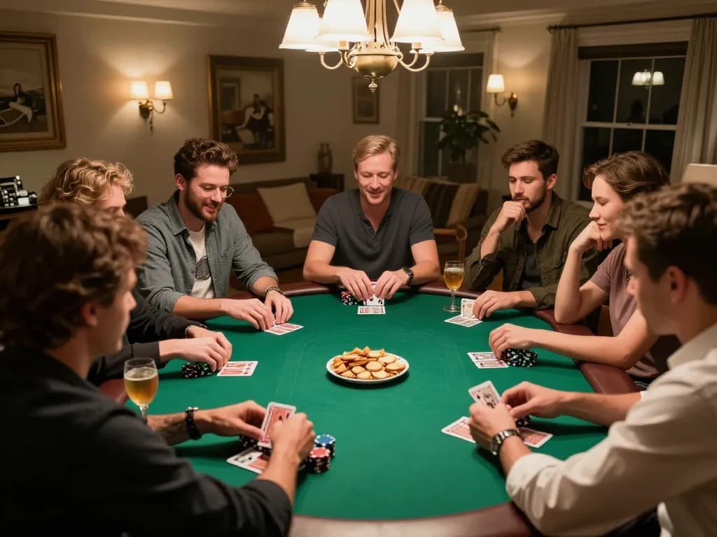Players enjoying an intense poker game at a private home while engaging with Fabet's strategic gameplay.