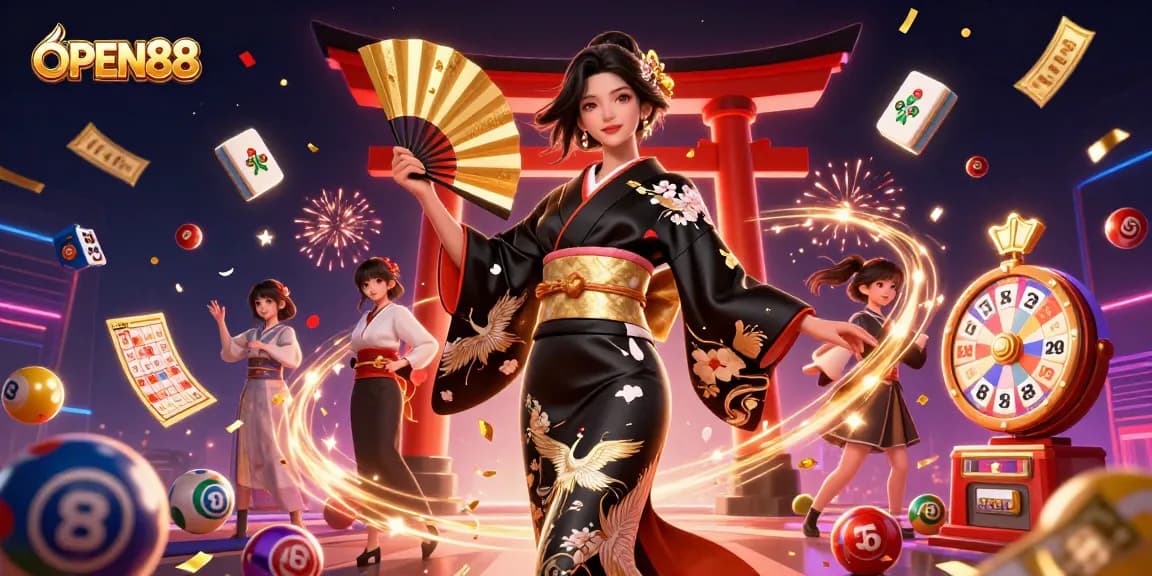 Experience thrilling gameplay with OPEN88, featuring an elegant character amidst colorful gaming elements.