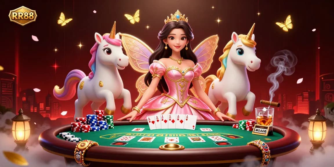Experience RR88 with a magical casino scene showcasing a glamorous woman and a golden unicorn amidst vibrant poker elements.