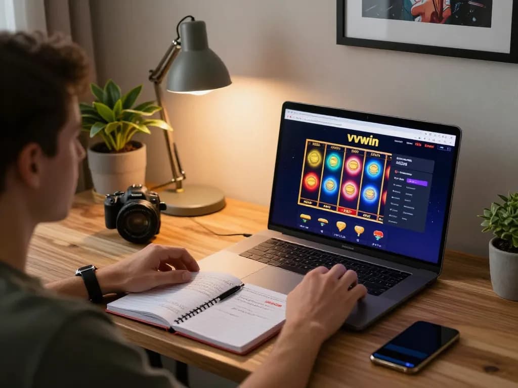 Player engaging with slot games on vvvwin platform in a cozy home office.
