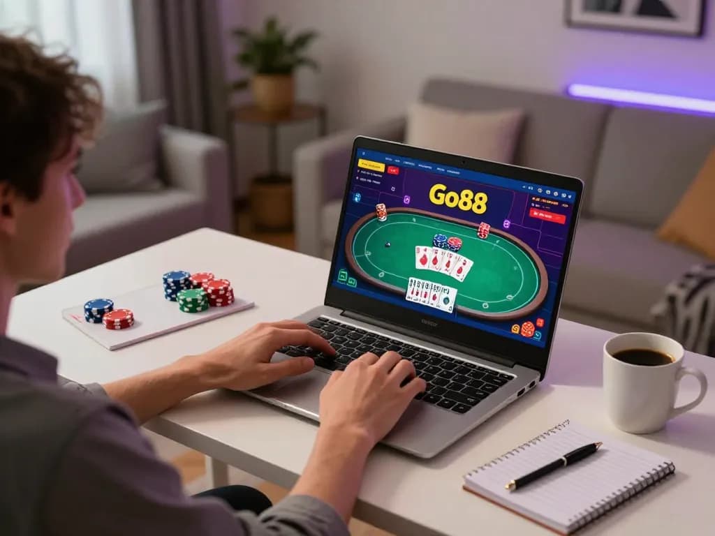 Engaging in exciting poker gameplay on Go88, showcasing strategic betting moves and vibrant gaming setup.