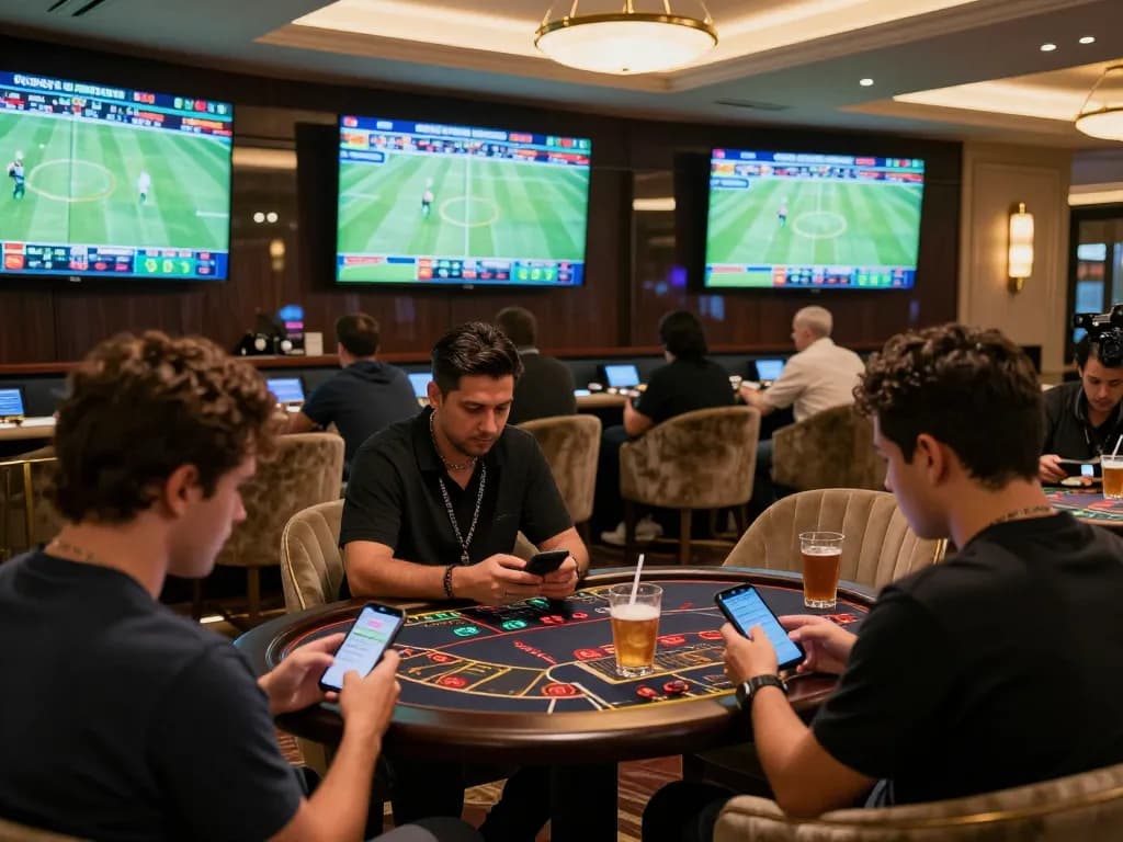 Engaged players analyzing statistics at nhandinhkeonhacai's sports betting lounge