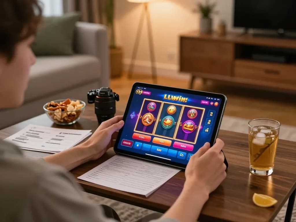 Play the LLwin casino app on a tablet surrounded by snacks and strategy notes in an inviting home setup.
