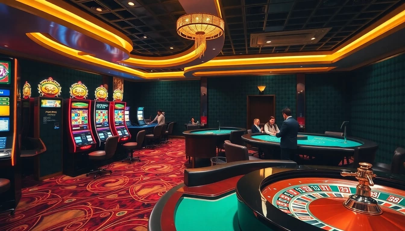 Experience the exciting atmosphere of a casino with games at https://xx88.host, featuring vibrant slot machines and poker tables.