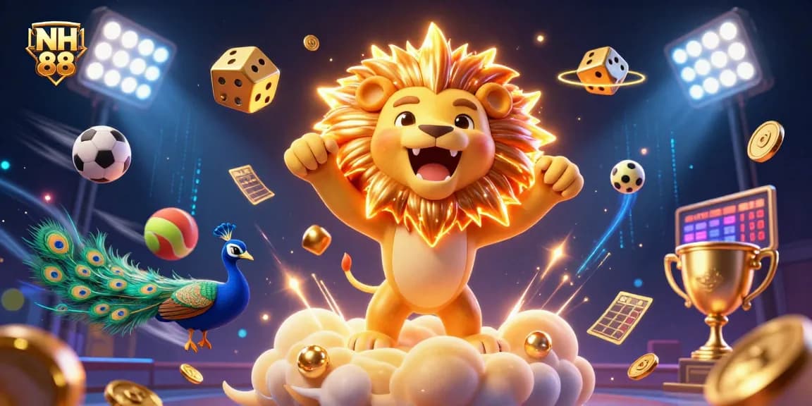 Experience the excitement of NH 88 with a vibrant 3D casino scene bursting with sports betting elements.