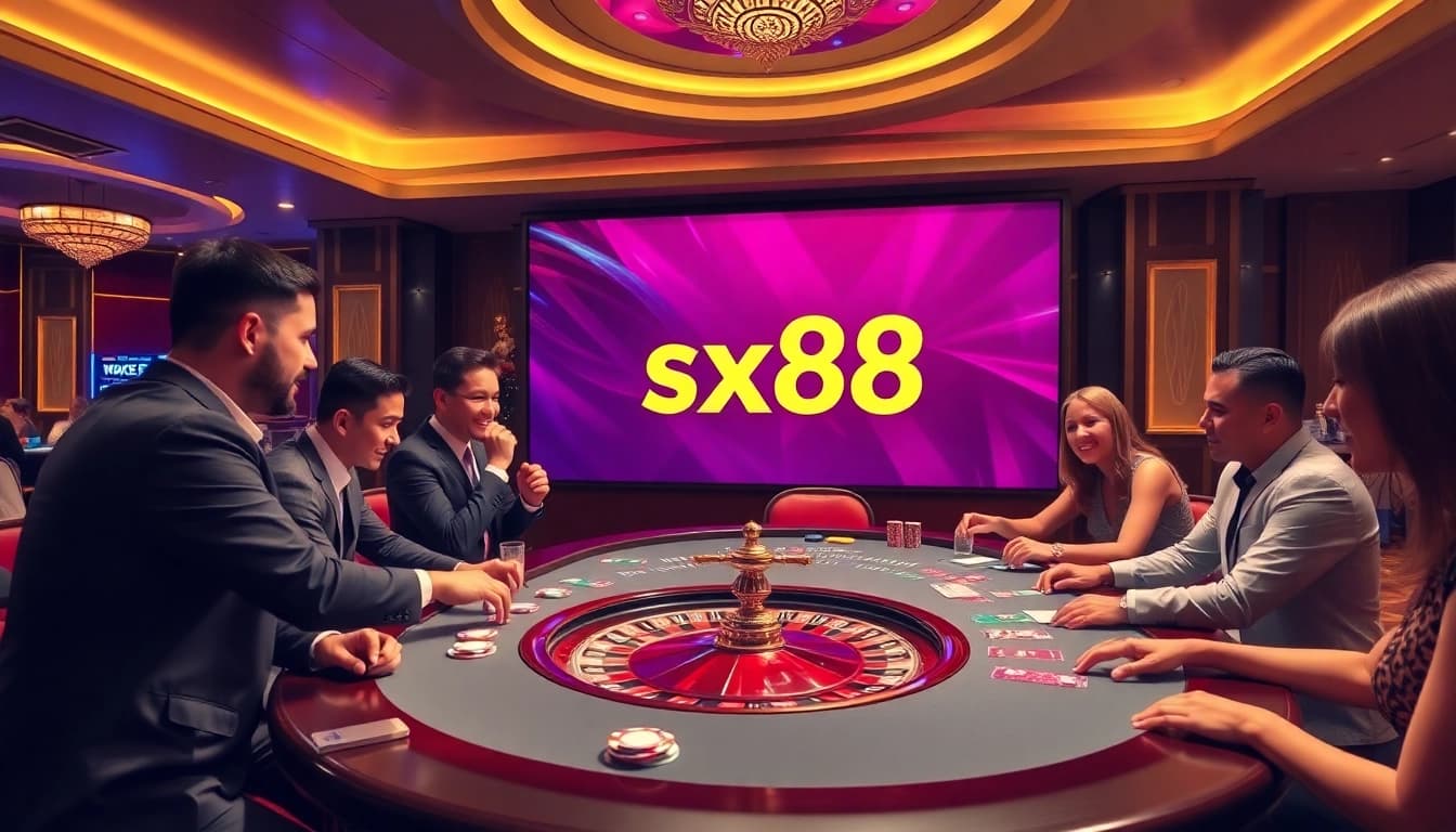 Players celebrate wins at sx88 casino, surrounded by glamorous gaming tables and poker chips.