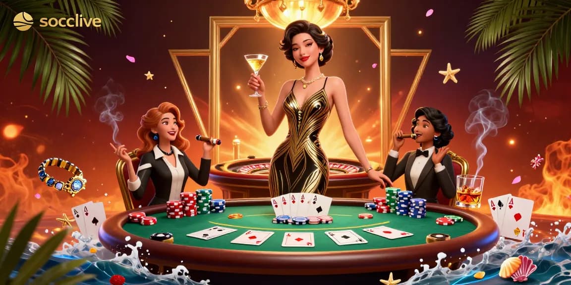 Socolive brings excitement with elegant characters celebrating victory at a vibrant poker table.