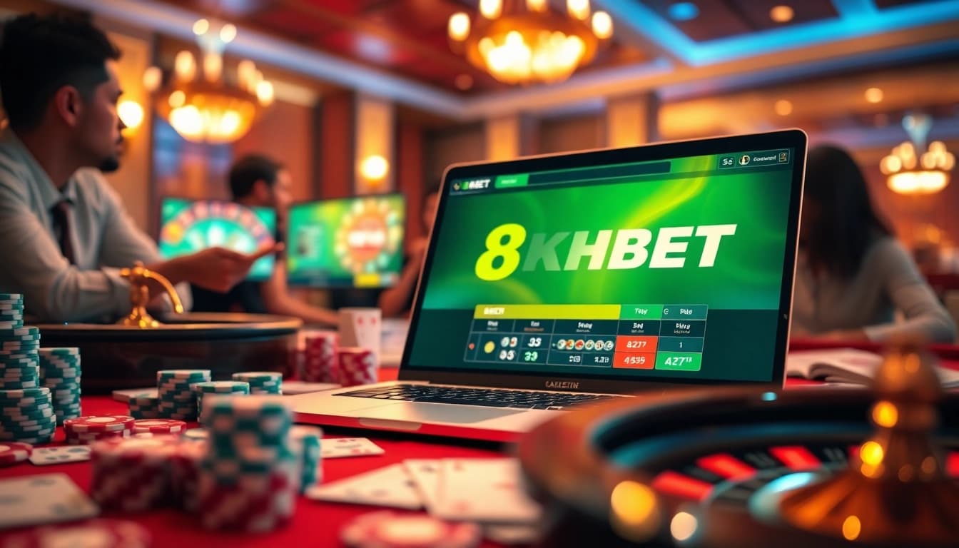 Experience the thrill of 8KBET with luxurious casino visuals featuring poker chips and roulette.