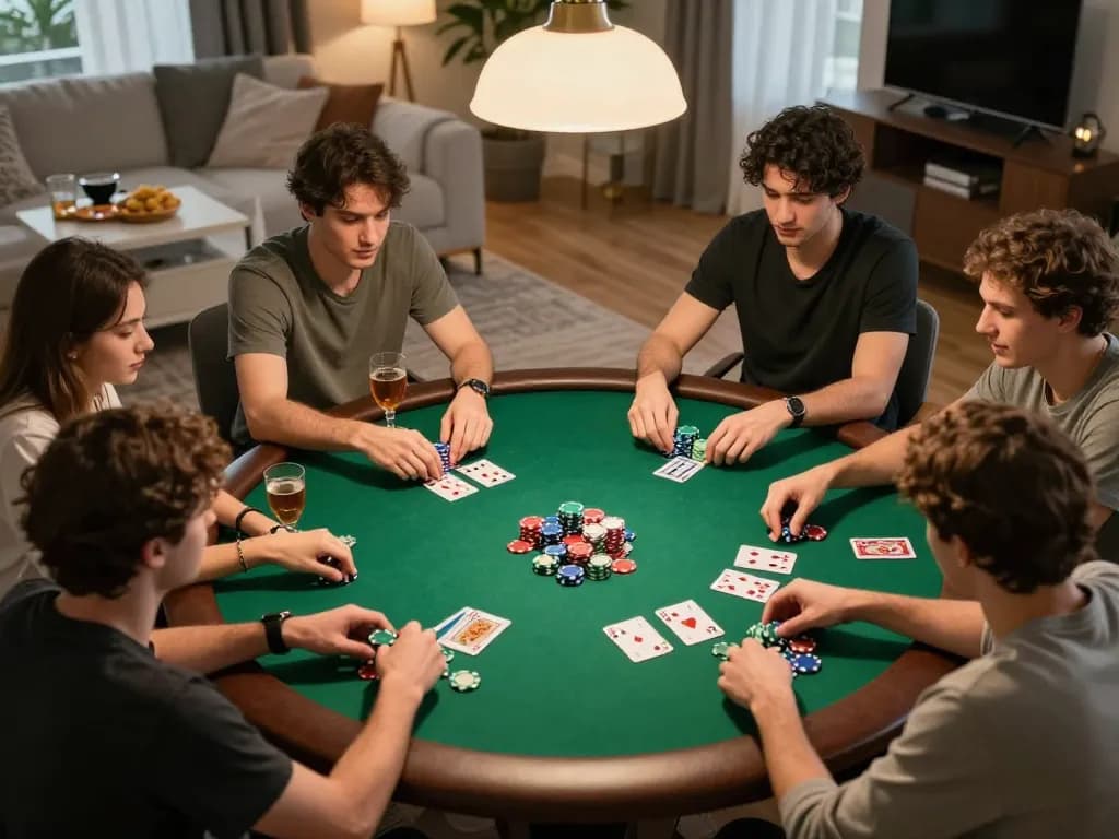Friends enjoy an exciting poker game at home with fly8800-themed chips and cards spread out on the table.