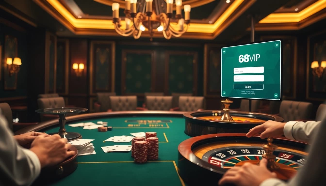 Engaging scene of Đăng Nhập Nhà Cái 68VIP showcasing a luxurious casino environment with tables, cards, and a roulette wheel.