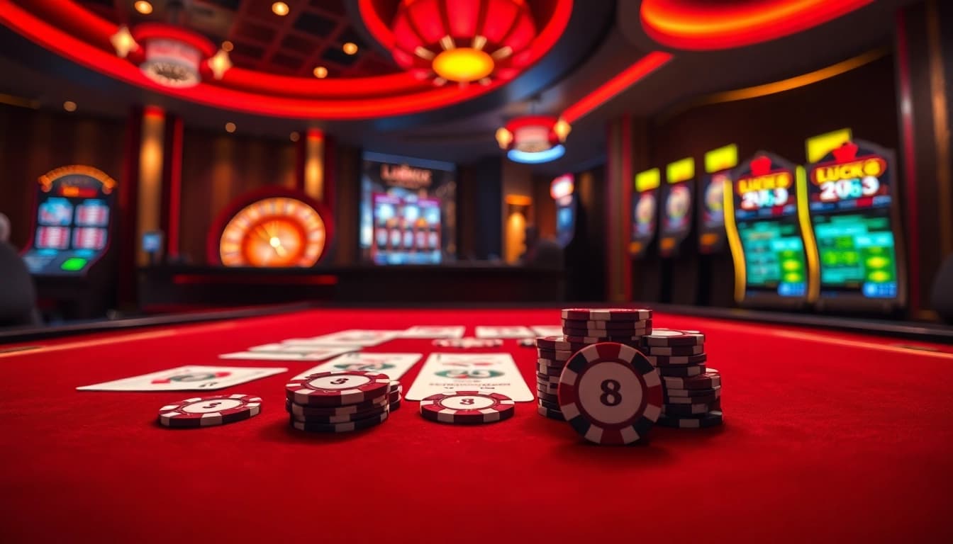 Winning hands at LUCK8 casino table with vibrant poker chips and cards under the spotlight.