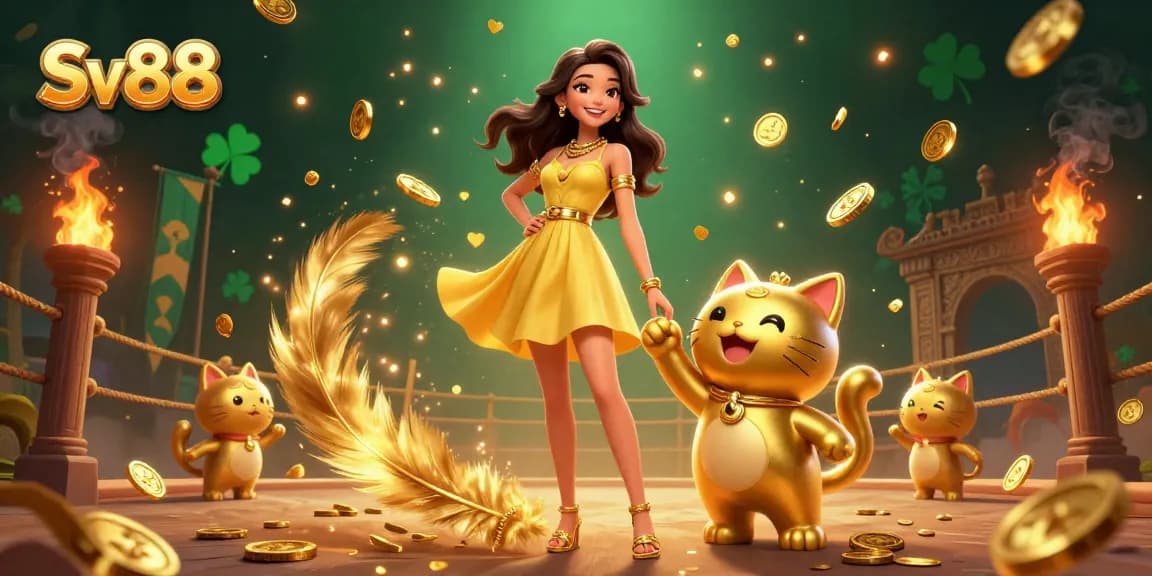 Engage with Sv88 in a lively gaming experience, featuring a cheerful woman and a lucky cat.