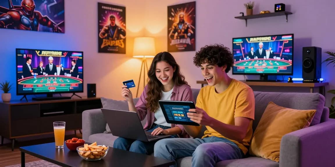 Excited young couple exploring mastercard casinos from home, enjoying a vibrant online gaming experience in a cozy living room.