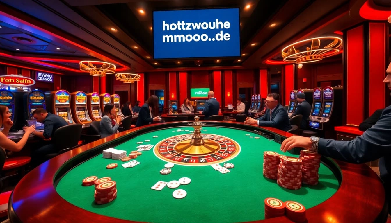 Glamorous casino scene featuring roulette and card games at https://mmoo.de.com/ with vibrant excitement.