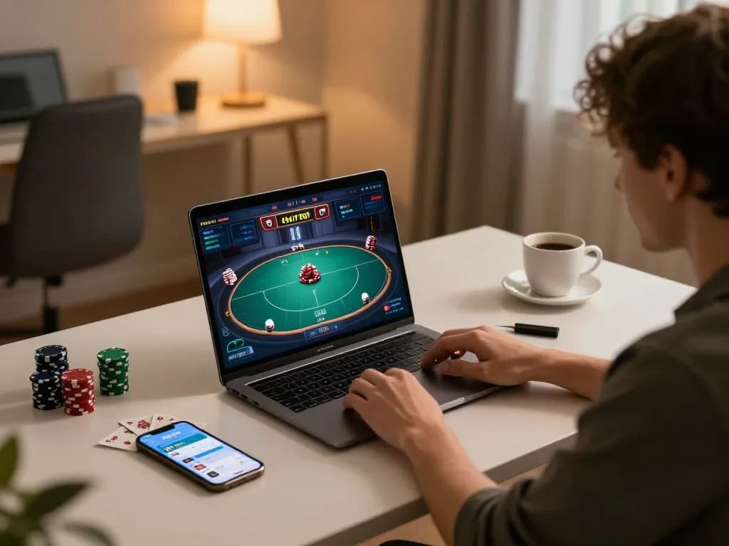 Pemain yang terlibat dalam permainan poker yang imersif di aplikasi idn789 dari pengaturan kantor rumah yang nyaman.