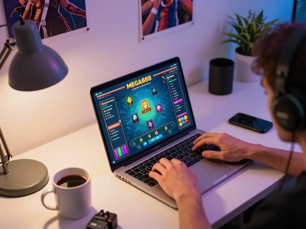 Engaging with MEGA888 on a laptop, showcasing a vibrant online gaming atmosphere with responsible gaming elements.