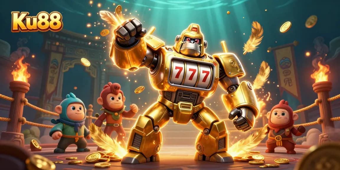 Engage with Ku88's dynamic casino experience featuring a golden gorilla mech bursting with coins.