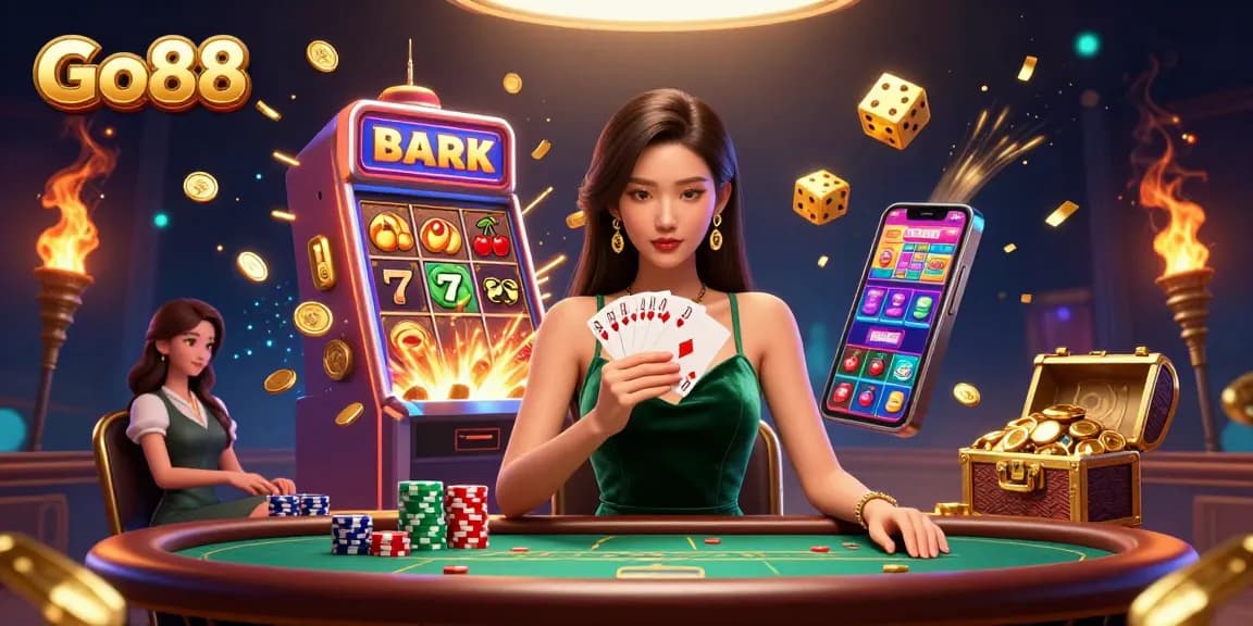 Experience Go88's thrilling poker atmosphere with a beautiful Asian woman mastering her cards at a luxurious table.