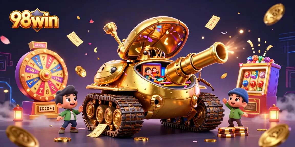 Play thrilling games at 98win's vibrant casino, featuring a dazzling beetle tank and slot machines.