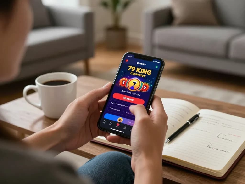 Engaging in online gaming with the 79king app in a cozy home setting, showcasing strategic betting.