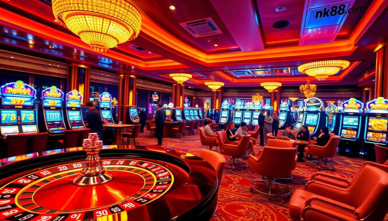 Experience the excitement of nk88 with vibrant casino games, roulette, and celebrating players.