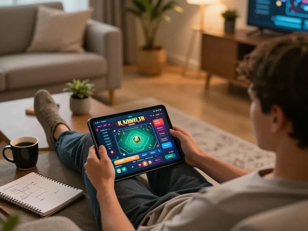 Engaging in online gambling with 68gamebaivn on a tablet in a cozy living room setting