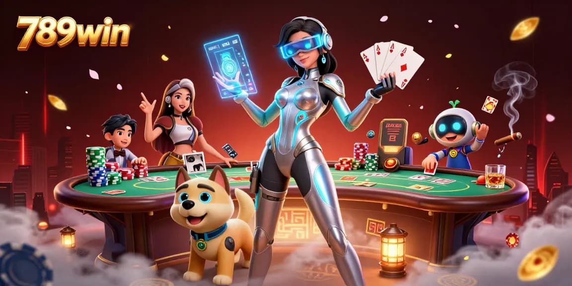 Experience the immersive fun of 789win with a vibrant digital casino scene featuring poker elements and dynamic characters.