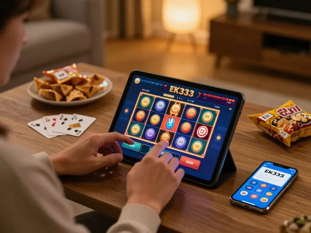 Playing slots on EK333 app in a cozy home setting with engaging mobile gaming.