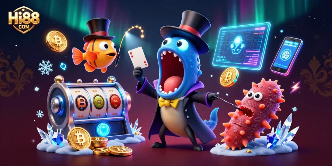 Experience the magic of Hi88 COM with a captivating illustration of animated characters in a vibrant casino setting.