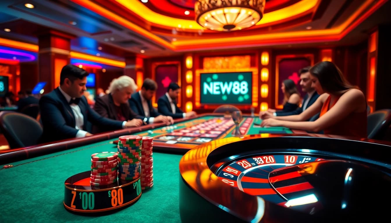 Exciting poker gameplay at NEW88 casino, highlighting chips and a roulette wheel.