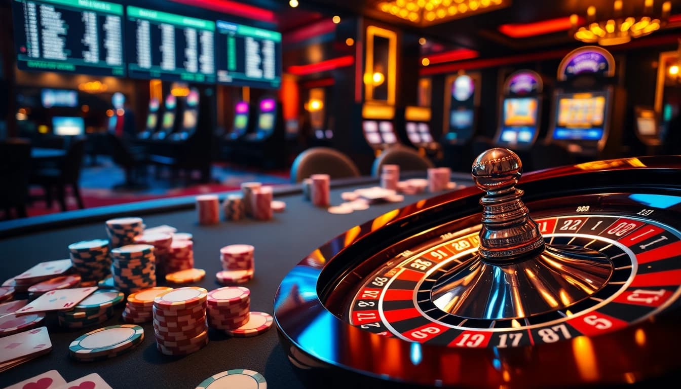 Experience the thrill of gambling at https://luongsontv5.com/ with an upscale casino scene featuring poker chips and roulette wheels.