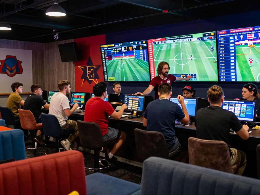 HITCLUB bettors strategizing bets on live sports in an exciting sportsbook atmosphere.