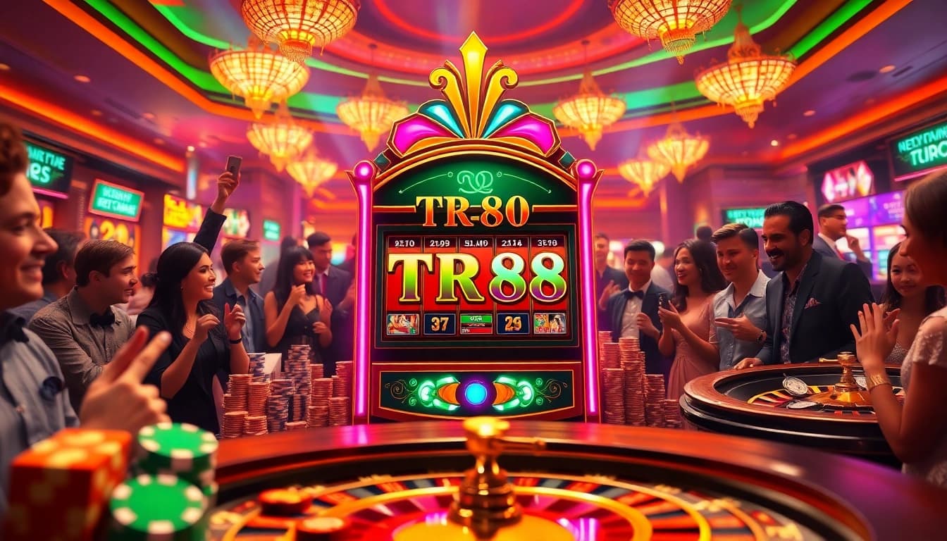 Experience the thrill of TR88 with a vibrant casino scene filled with slot machines and poker chips.