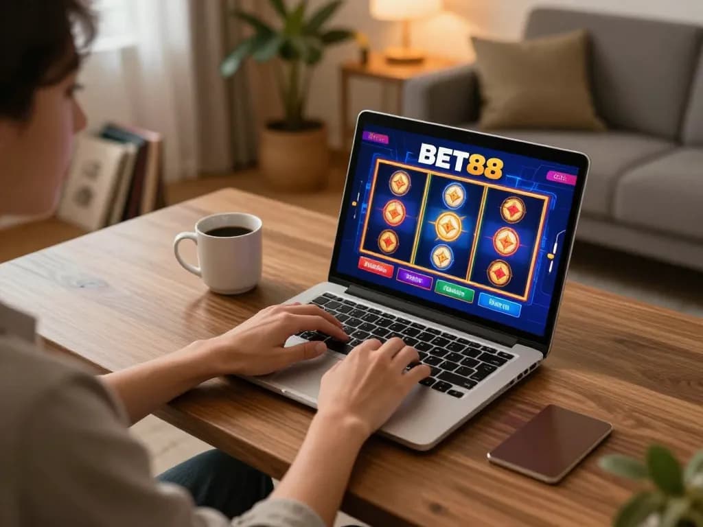 Experience thrilling spins on BET88's online slots from a cozy home setup, showcasing engaging gameplay.