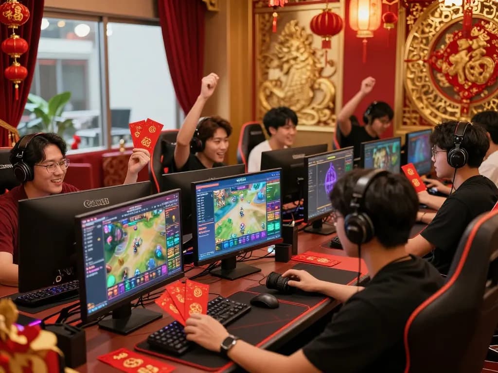 8kbet players celebrating Tết 2026 with festive decorations in a luxury gaming environment.
