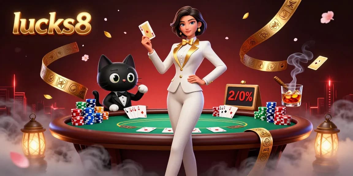 Experience lucks8 casino excitement with a glamorous scene of card shuffling, poker chips, and a stylish cat companion.