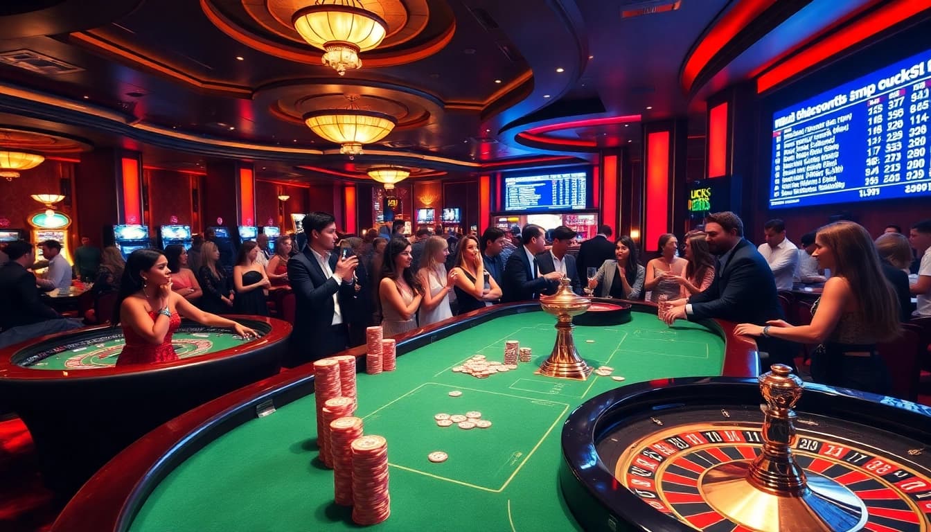 Experience the thrill of luck8 at an upscale casino with vibrant tables and excited players.