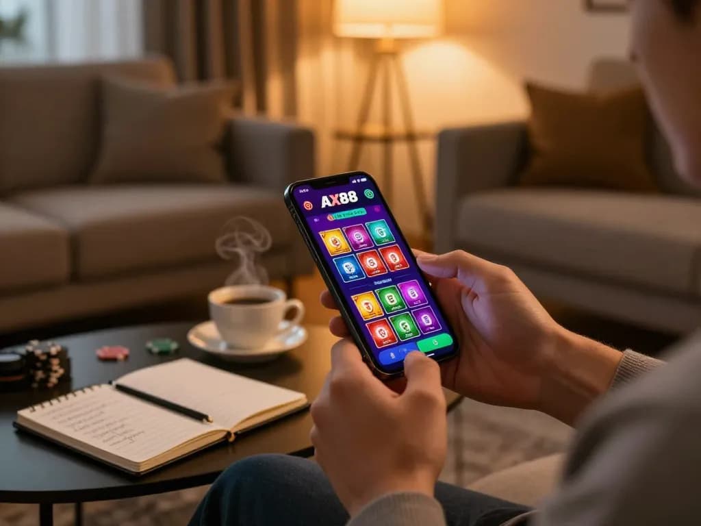 Player engaging with the AX88 casino app on smartphone, showcasing exciting gambling games in a cozy living room.